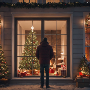 Image of a guy staring in the window of a decorated house